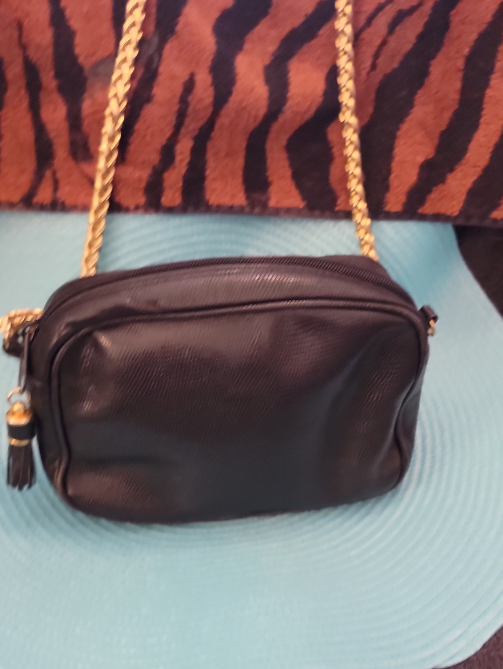 Saks Fifth Avenue Black Leather Crossbody with Gold Chain Strap